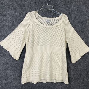 Avenue Open Knit Sweater  Bell Sleeve Winter White Lacy Size 22-24